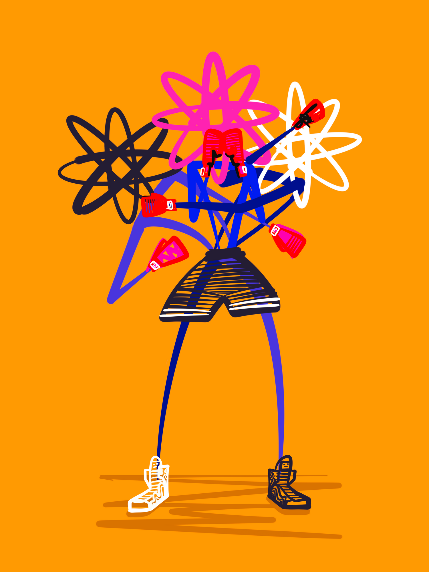 Self-portrait, 3-torso atomhead boxing itself.